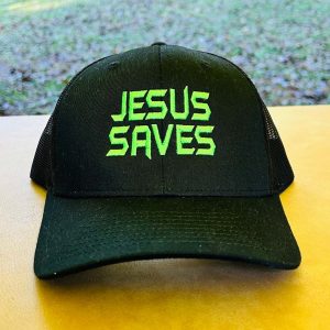JESUS SAVES Black Hat with Safety Green
